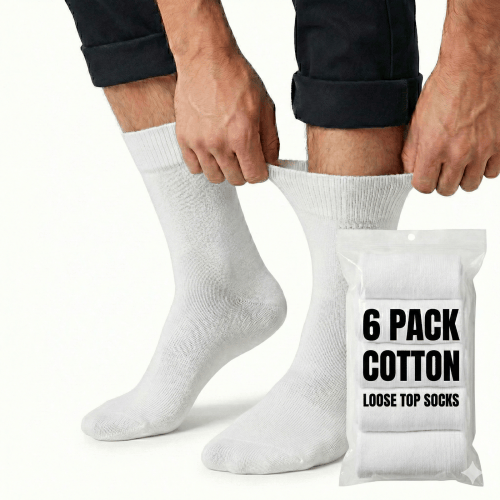 v563 6cottonltsox wht6 11 202603161820 00.png Man adjusting white cotton loose top socks