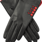 dents womens leather gloves w/ button detail piped cuff & silk feel lining black/berry large Black leather gloves with red decorative accents
