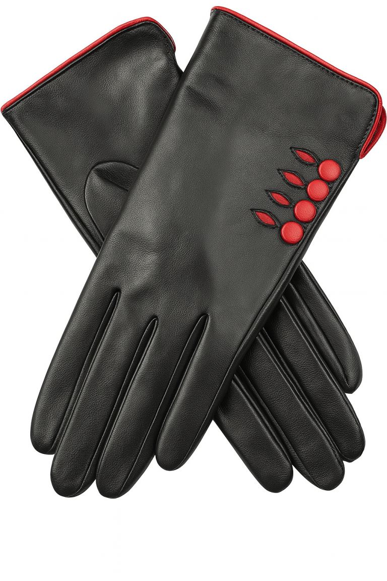 dents womens leather gloves w/ button detail piped cuff & silk feel lining black/berry large Black leather gloves with red decorative accents