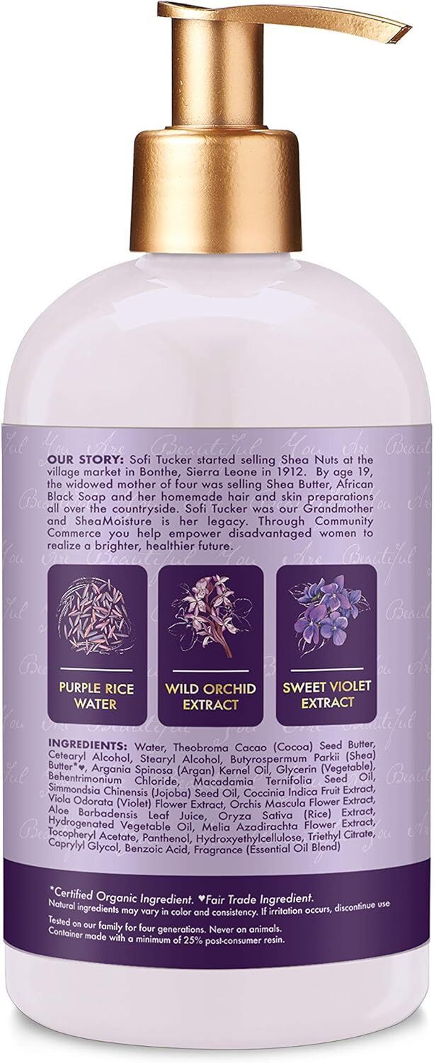 shea moisture purple rice water strength + color care conditioner 370ml 1260 gram Purple lotion bottle with gold pump dispenser