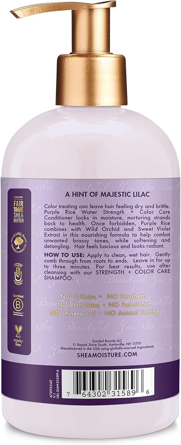 shea moisture purple rice water strength + color care conditioner 370ml 1260 gram Lilac conditioner bottle with gold pump dispenser