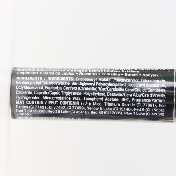 Close-up of lipstick ingredients label on tube