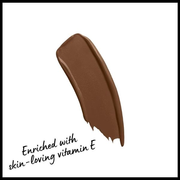 nyx professional makeup can't stop won't stop full coverage liquid foundation 22 deep cool Brown makeup swatch with vitamin E text