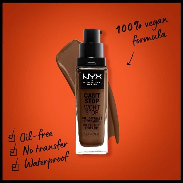 nyx professional makeup can't stop won't stop full coverage liquid foundation 22 deep cool NYX full coverage foundation on orange background