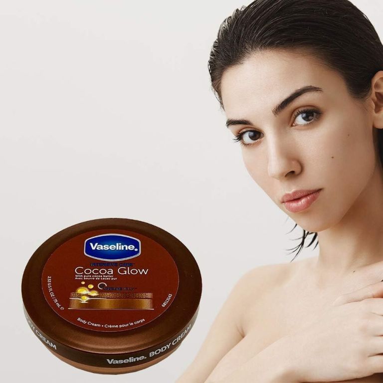 vaseline intensive care cocoa body cream 75ml Vaseline Cocoa Glow body cream beside woman