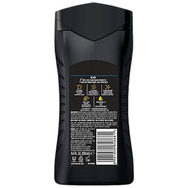 Back of black body wash bottle