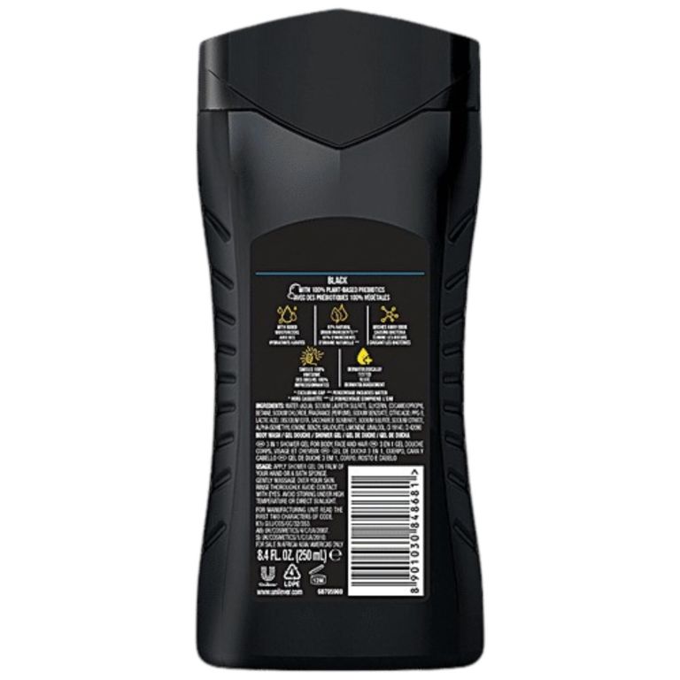 Back of black body wash bottle
