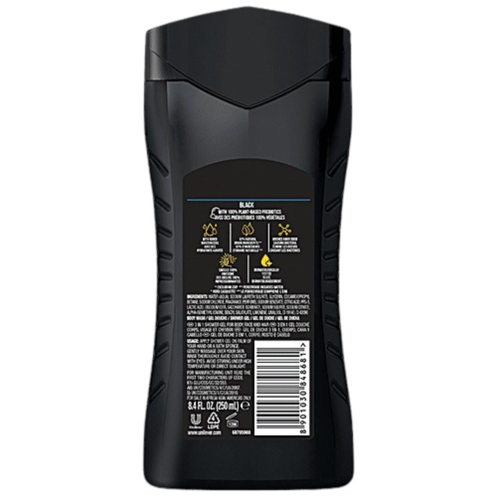 Back of black body wash bottle