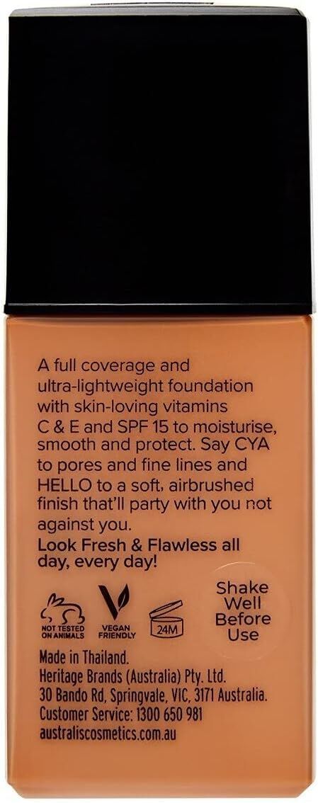 Back of full coverage foundation bottle