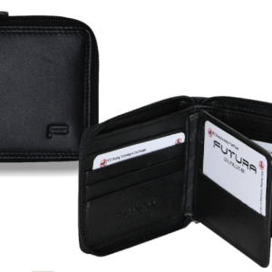 Black leather zip-around wallet with card slots