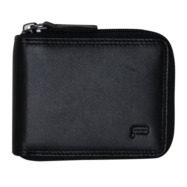 futura mens zip around leather wallet rfid gift black Black leather zip-around wallet on white background