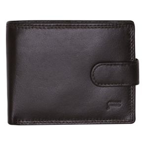 Black leather wallet with strap closure