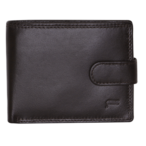 Black leather wallet with strap closure