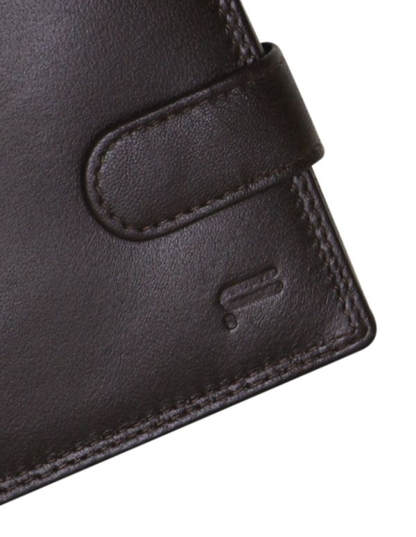 futura mens rfid leather coin fold over wallet brown Close-up of black leather wallet with strap