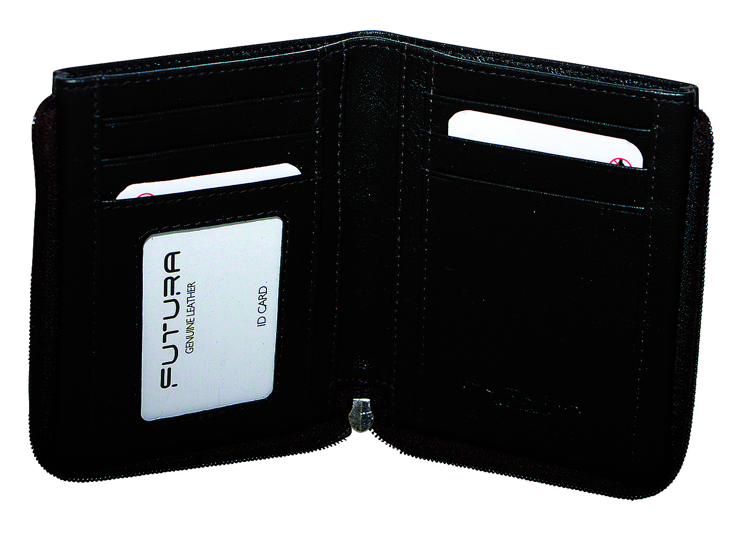 Open black leather wallet with card slots