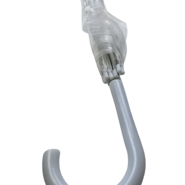 Close-up of transparent handle gripping grey hook