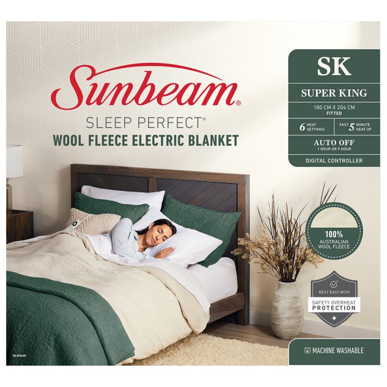 sunbeam sleep perfect super king bed wool fleece heated blanket Sunbeam wool fleece electric blanket on bed