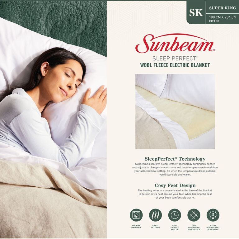 sunbeam sleep perfect super king bed wool fleece heated blanket Sunbeam wool fleece electric blanket packaging with sleeping woman
