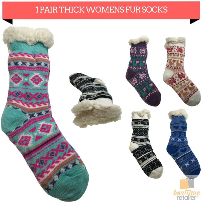 Thick women’s fleece-lined winter socks in assorted patterns