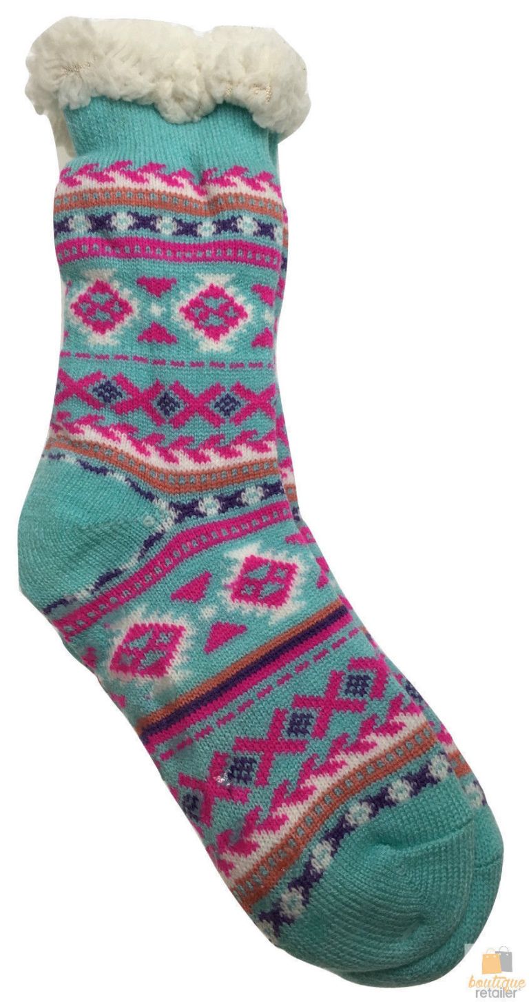 Teal patterned winter sock with fluffy cuff