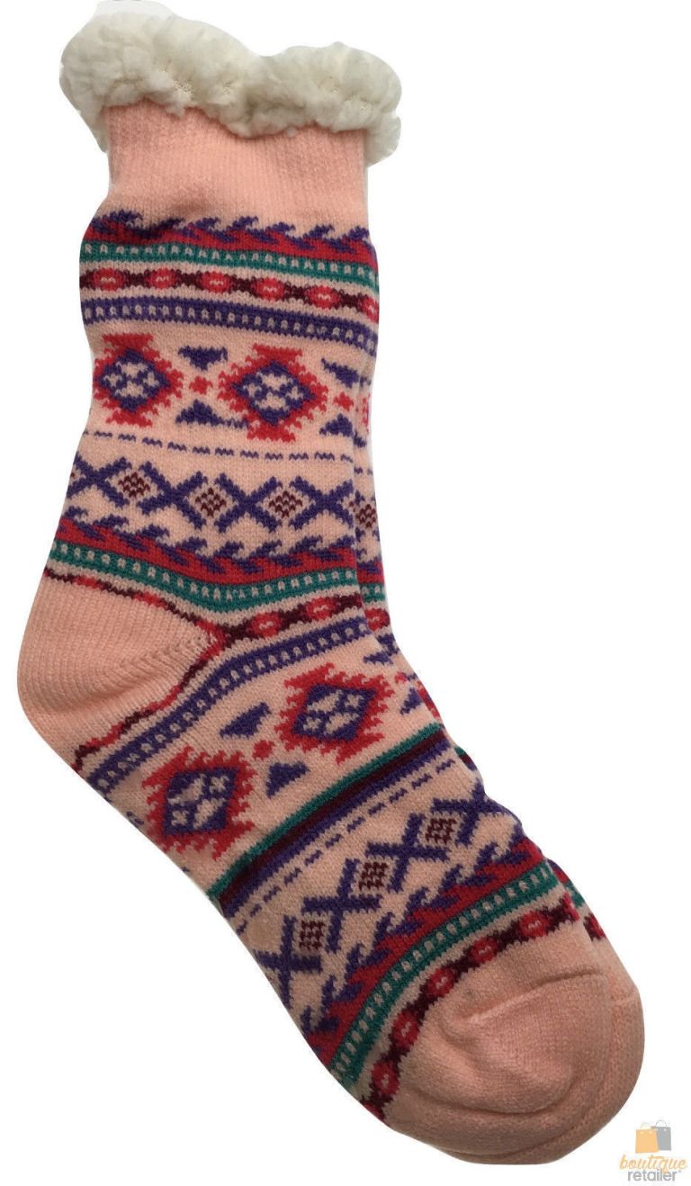 Pink patterned winter sock with fleece cuff