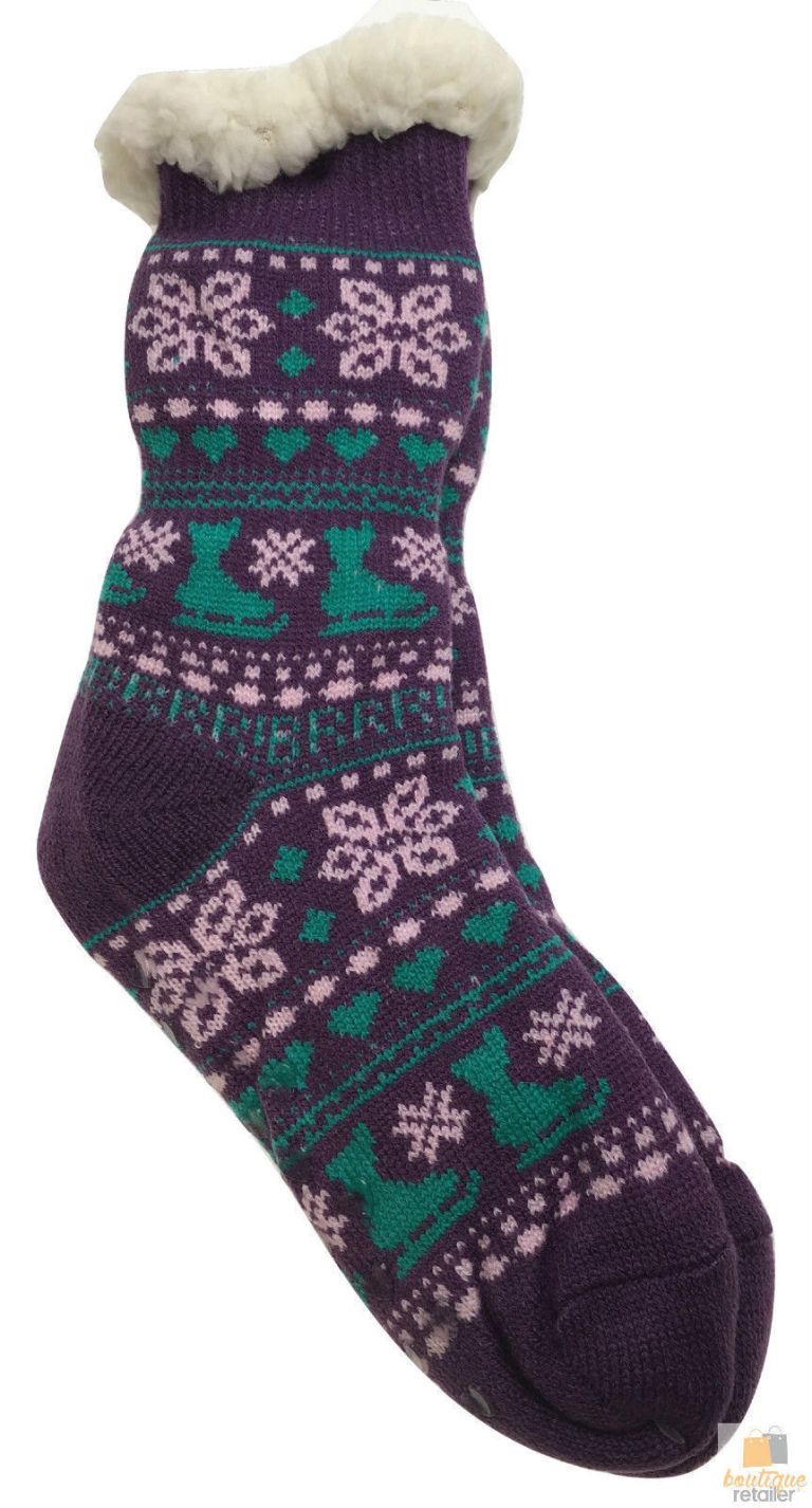 Purple patterned slipper sock with fluffy cuff