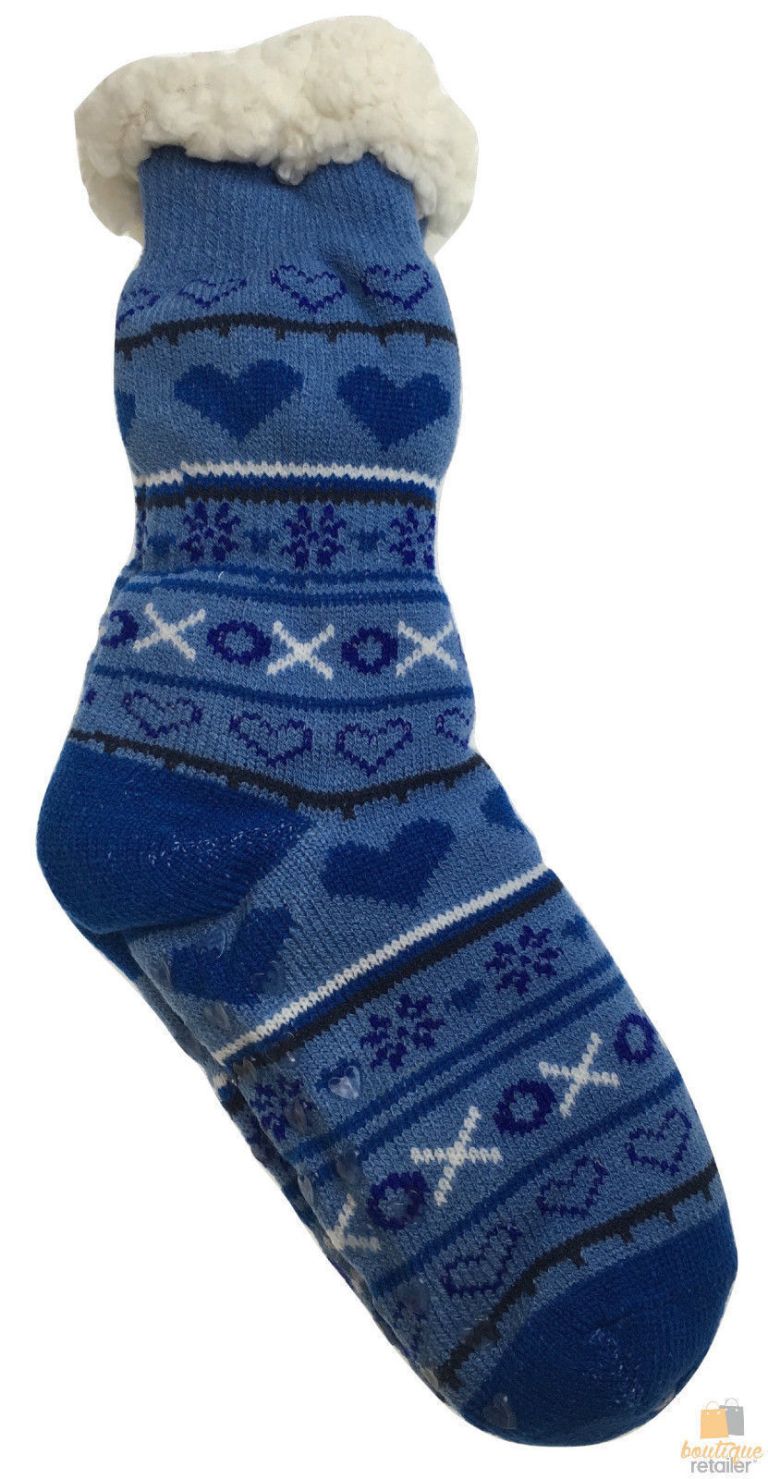 Blue patterned slipper sock with fleece cuff