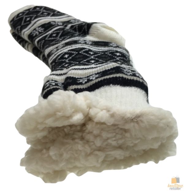 1 pair ladies thick fur bed socks womens soft work fluffy slipper non slip one size Black and white knit slipper with fleece lining