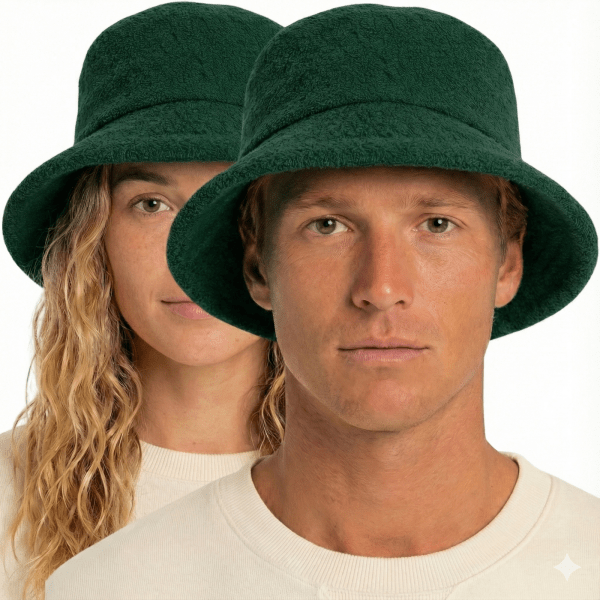 Two people wearing green bucket hats, close portrait