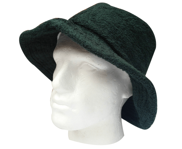 Dark green textured bucket hat on mannequin