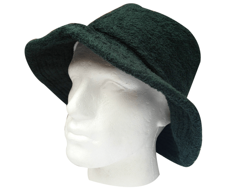 Dark green textured bucket hat on mannequin