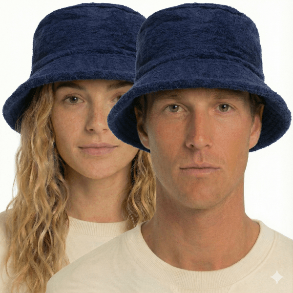 100% cotton terry towelling bucket hat daggy fishing camping lad cap in navy blue small Two people wearing navy bucket hats, close-up portrait