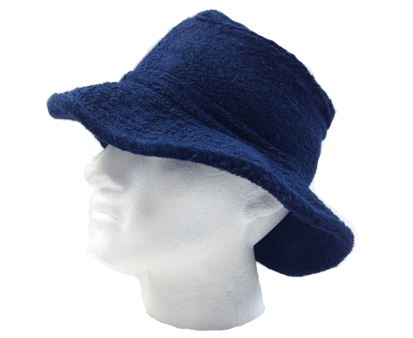 100% cotton terry towelling bucket hat daggy fishing camping lad cap in navy blue small Navy blue fuzzy bucket hat on mannequin