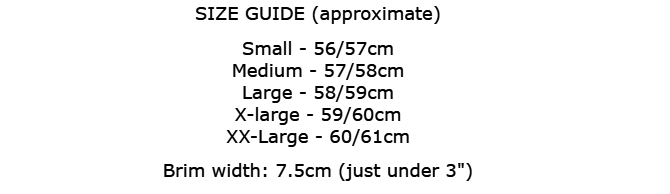 Hat size guide with measurements and brim width