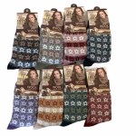 Assorted patterned wool fashion socks in packaging