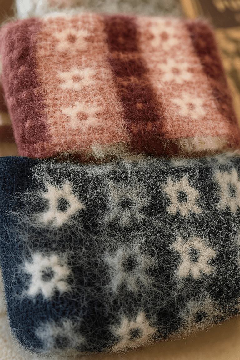Folded wool blankets with star patterns