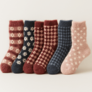 Six pairs of patterned fuzzy wool socks