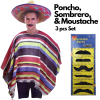 3pc set mens mexican poncho + sombrero + moustache spanish cowboy costume party Man wearing poncho, sombrero and fake moustache set