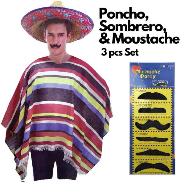 3pc set mens mexican poncho + sombrero + moustache spanish cowboy costume party Man wearing poncho, sombrero and fake moustache set