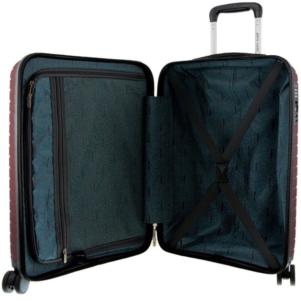 Open hard-shell suitcase with patterned interior compartments