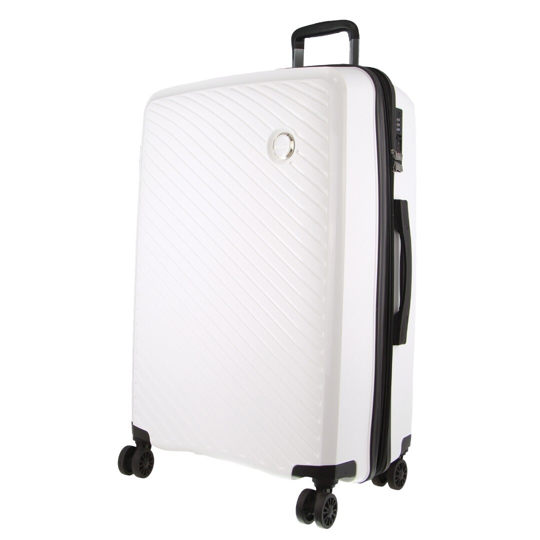 White hard-shell suitcase with spinner wheels