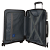 Open hard-shell suitcase with compartments and straps
