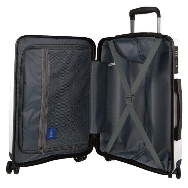 Open hard-shell suitcase with compartments and straps