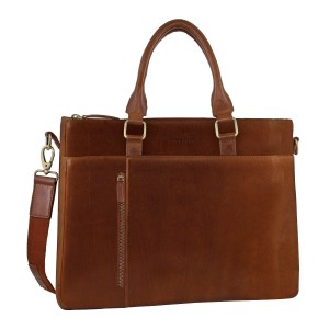 Brown leather briefcase with shoulder strap