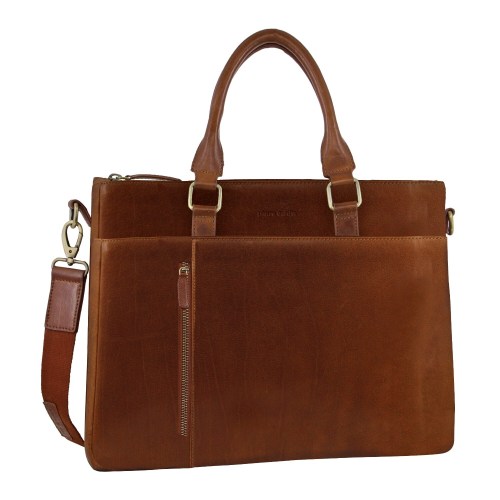 Brown leather briefcase with shoulder strap