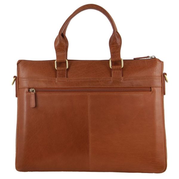 Brown leather briefcase with front zip pocket