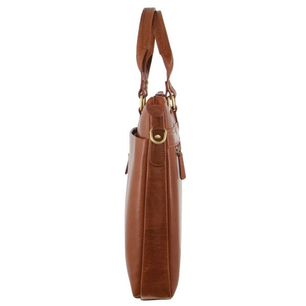 Brown leather briefcase side view on white background