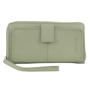 Sage green leather zip-around wallet with wrist strap