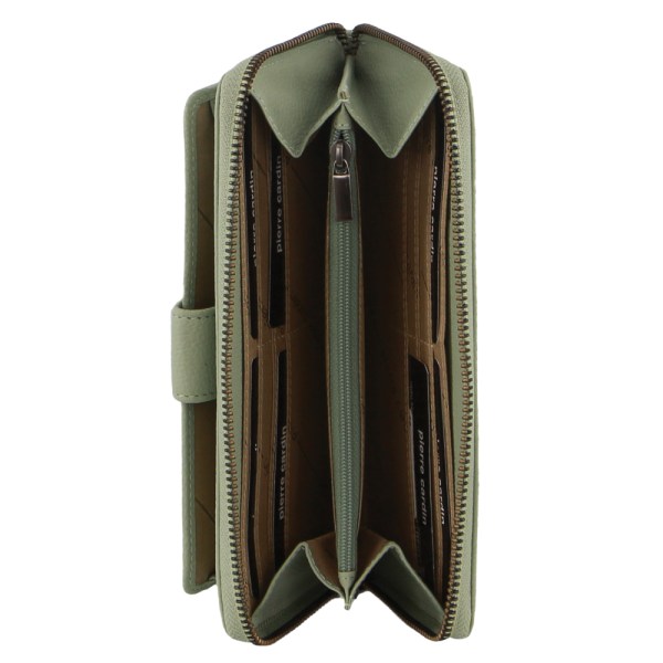 pierre cardin womens leather zip around wallet rfid blocking w/ wristlet in jade green Open green leather zip-around wallet interior view