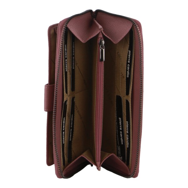 pierre cardin womens leather zip around wallet rfid blocking w/ wristlet in rose Open maroon leather zip-around wallet with card slots